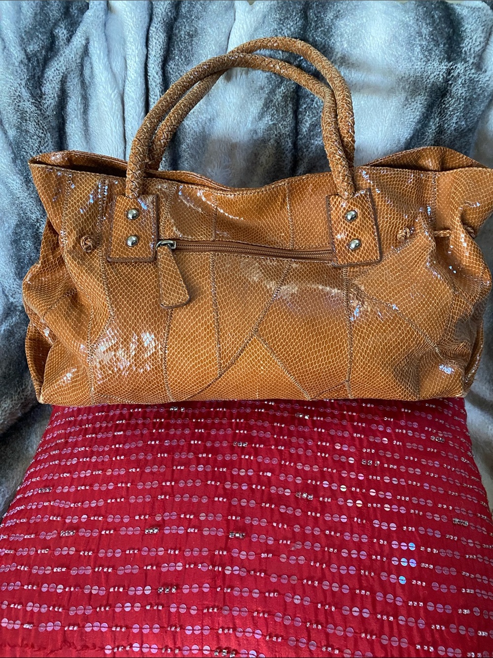 Falchi 💯 Lambskin Leather Shiny Snake Print Logo Interior Large Bag